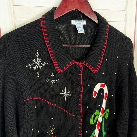 Vintage Ship N Shore Sport Christmas Cardigan Embellished Ugly Sweater Black - Picture 4 of 10